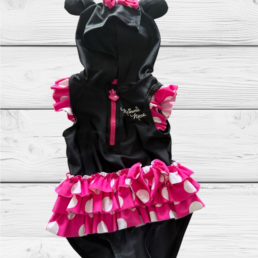 Disney Black Swim One-Piece with Hot Pink Heart Zip and Gold Script
